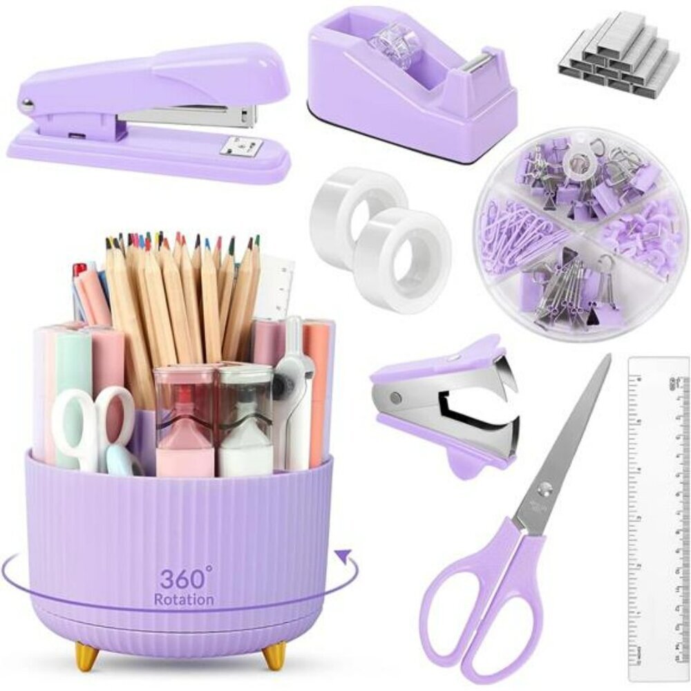 Purple Office Supplies Set Desk Organizer Pen Holder Stapler Scissors Tape Clips